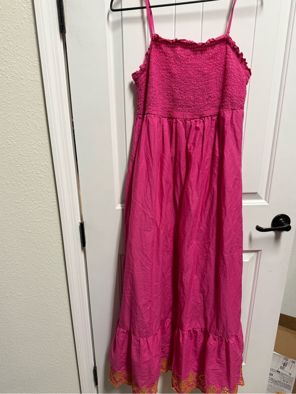 ONLY Bright Pink Smocked Dress with Orange Lace Flowers